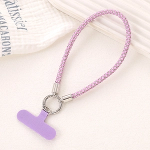 Elegant purple rhinestone phone wrist strap with silver ring and matching fixed patch