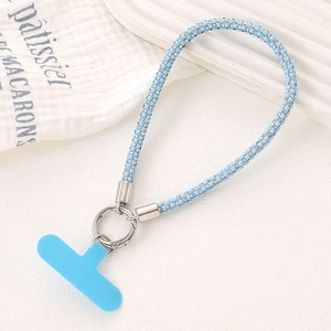 Sky blue checkered rhinestone phone wrist strap with silver metal ring and gasket