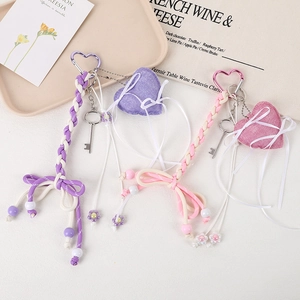 Handmade woven heart keychain with Y2K ribbon bow for bags and mobile phones in pink and purple