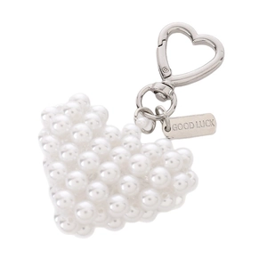 Handmade woven pearl heart keychain with silver heart clasp and Good Luck tag