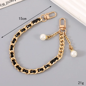 15cm woven gold metal chain with black leather and pearl charms for handbags