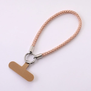 Pink rhinestone wrist strap phone charm with metal ring and brown universal pad
