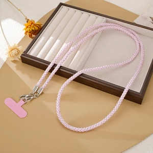 Close-up of pink beaded phone crossbody strap with silver lobster clasps and a soft pad