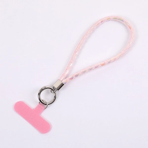 Cordino per cellulare intrecciato rosa con glitter olografici e clip in metallo argento