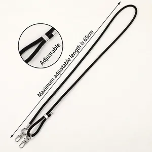 Adjustable black braided phone strap with silver metal buckles, max length 65cm