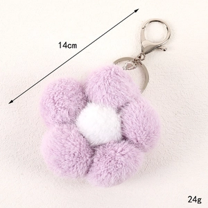 Plush purple flower keychain with silver metal clip, 14cm length and 24g lightweight design