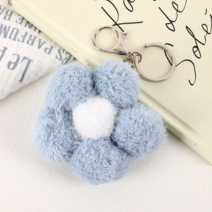 Charming blue and white plush flower keychain with silver metal lobster clasp accessory