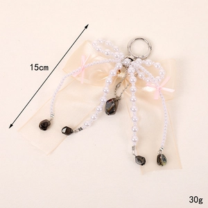 Elegant pearl ribbon double bow keychain accessory with 15cm length and 30g weight