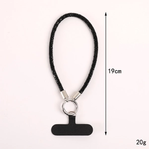 Luxurious black beaded wrist phone lanyard with sparkling crystals and metal ring clasp