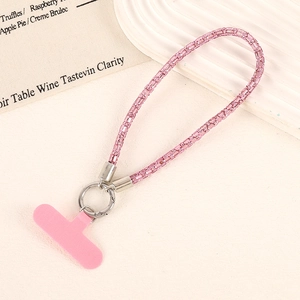 Chic pink glitter phone wrist strap with square stones and silver metal ring connector