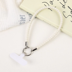 Braided white PU leather phone wrist strap with silver metal ring and connector
