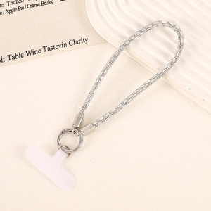Detailed view of luxury square rhinestone wrist phone strap with silver spring clip and gasket
