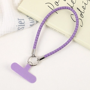 Braided purple phone wrist strap with durable metal ring and matching fabric patch tether