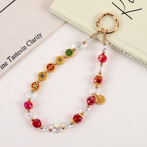 Red beaded phone charm with golden Fu character tag and New Chinese vintage style