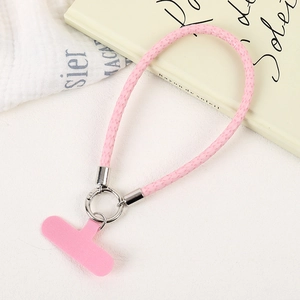 Pink woven PU leather phone wrist strap with metal spring clasp and phone patch insert