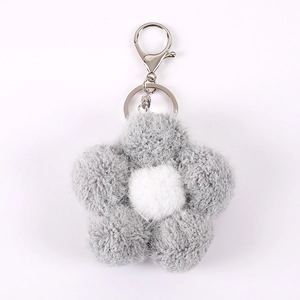 Grey plush flower charm with white center and silver keychain for bags and keys