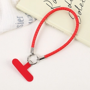 Detail of red braided wrist strap with silver ring clip and phone tether tab