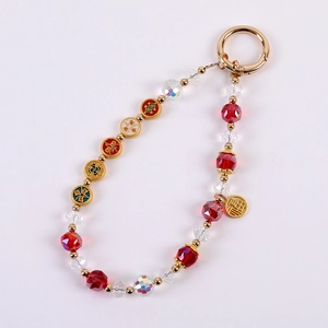 New Chinese retro beaded phone charm with red crystal beads and Fu tag