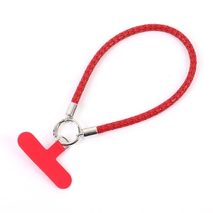 Braided red PU leather wrist strap phone lanyard with silver metal ring and T-connector