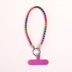 Rainbow gradient rhinestone phone strap with silver metal ring and purple connector