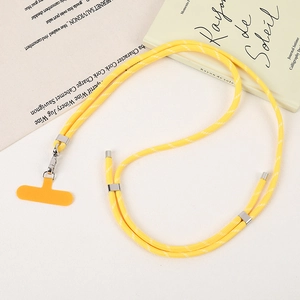 Adjustable woven crossbody phone lanyard in bright yellow with silver metal clasp and pad