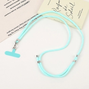 Adjustable mint green hand-woven crossbody phone lanyard with silver metal buckle and clip