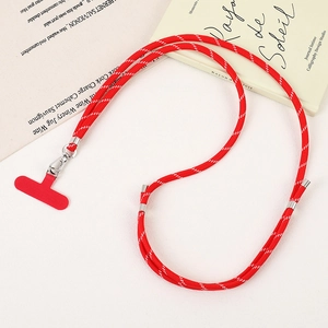 Close-up of a durable red woven phone lanyard with silver metal clip and connector pad