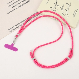 Close-up of pink braided phone lanyard with silver metal carabiner and connecting pad