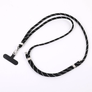 Adjustable hand-woven crossbody phone lanyard with metal hook and patch in black and white