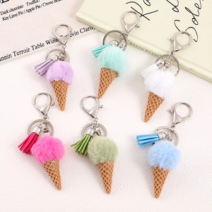 Chic faux rabbit fur ice cream keychain with colorful pompoms and leather tassel decor