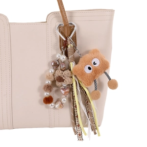 Cartoon cookie plush bag charm with heart-shaped metal clip and pearl bead chain
