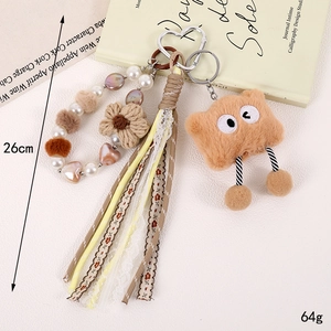 Charming plush star doll keychain with floral beads and lace tassels for bags, 26cm length