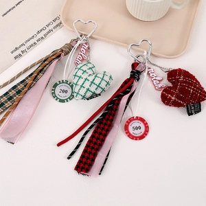 Vintage houndstooth heart phone pendant with long tassels and stylish poker chip charms