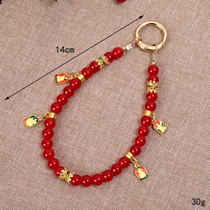 Retro Chinese style God of Wealth beaded phone charm with red beads and golden accents