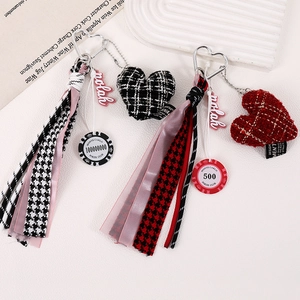 Vintage houndstooth heart bag charm with tassels and round poker chip pendants