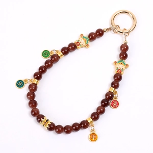 Chinese retro style phone charm with brown beads and golden God of Wealth enamel pendants