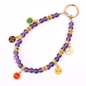 Purple beaded wrist phone strap with five colorful Chinese Five Wealth Gods charms