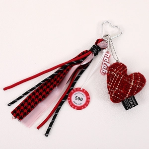Vintage houndstooth heart phone charm with braided rope and red poker chip accessory