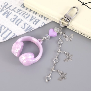Chic purple headphone keychain with butterfly charms and heart beads for bags