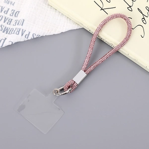 Luxury pink rhinestone wrist phone strap with silver metal clasp and clear connector
