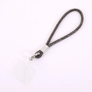 Luxury dark grey rhinestone chain wrist strap for mobile phones with silver metal buckle