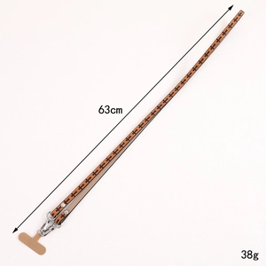 Brown PU leather crossbody phone strap with black cross patterns and silver metal hooks