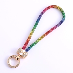 Lussuoso cinturino per cellulare con strass arcobaleno e anello a molla in oro e diamanti