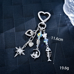 Silver fish tail shell pendant keychain with star heart and moon cat charms 11.6cm