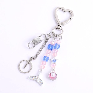 Fishtail shell pendant keychain with pink and blue beads and heart-shaped metal clip