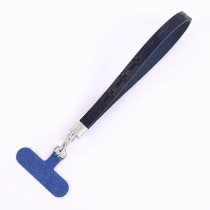 Cinturino da polso per telefono in pelle blu navy con goffratura a croce e inserto denim