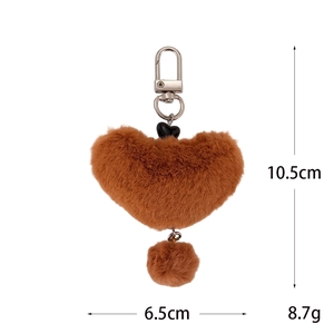 Brown plush heart keychain with soft fur ball and silver spring buckle for bags