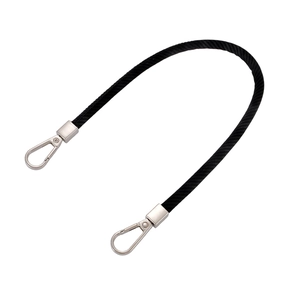 Detail of black braided phone lanyard with dual silver metal lobster claw clasps