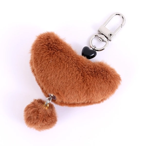 Brown faux fur heart charm with plush ball and silver lobster clasp for bags