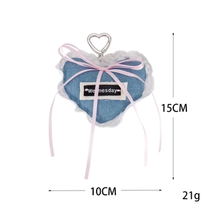 Blue denim heart charm with white lace trim and pink bow, 15cm stylish bag accessory